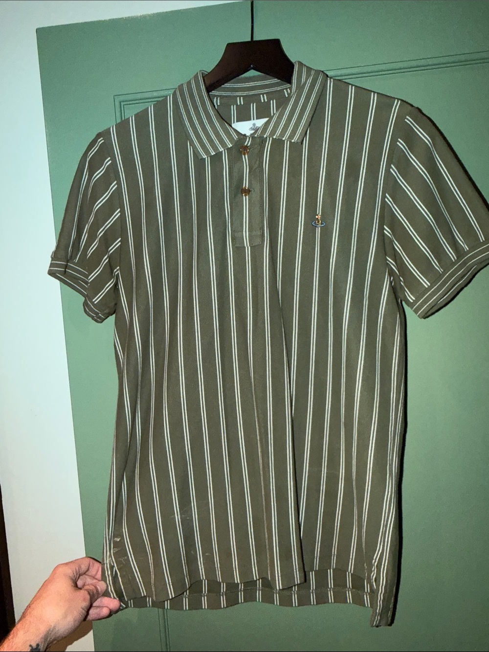 Vivienne Westwood Olive Green and Cream Striped Polo Shirt